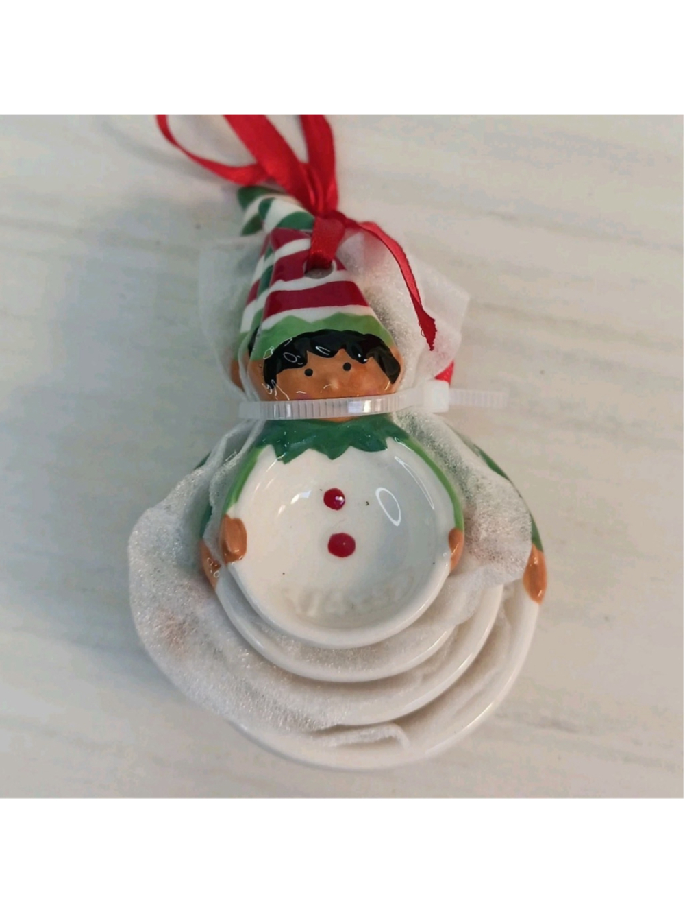 Holiday Time Stoneware Measuring Spoon Elf 4 In Set White Baking Cute Gift
